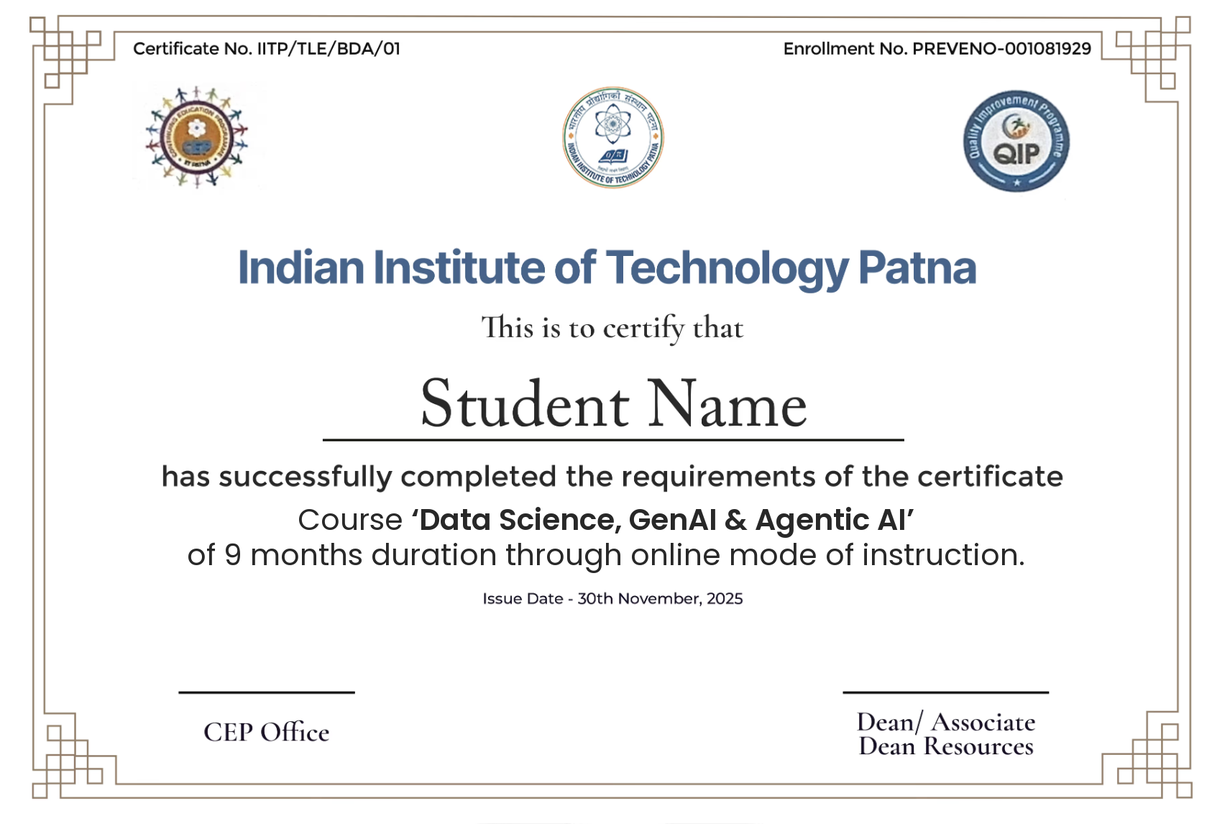 IIT Patna certificate - Data Science, GenAI & Agentic AI